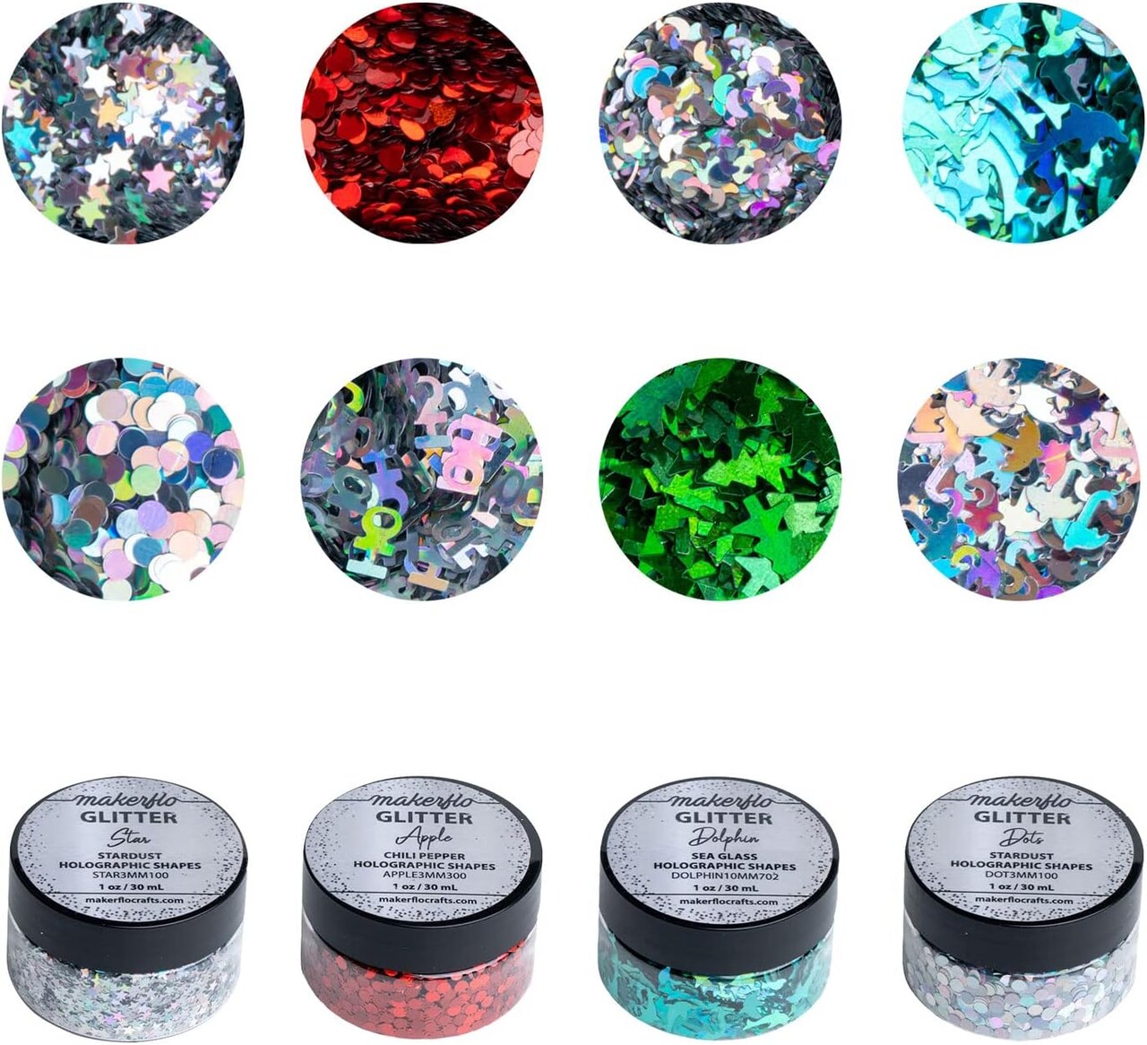 Makerflo Holographic Shape Glitter Variety Set Pack of 33, 1oz Each for DIY, Festival Decoration Crafts & Slime